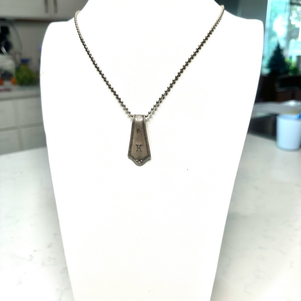 Vintage Silver Spoon Pendant Necklace with Initial K